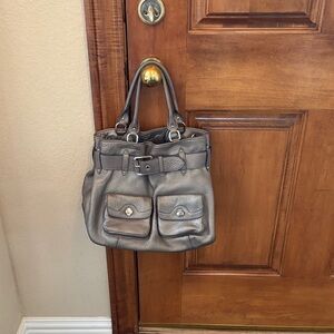 Metallic Gray Leather Handbag with Buckle and Pockets by Cole Haan